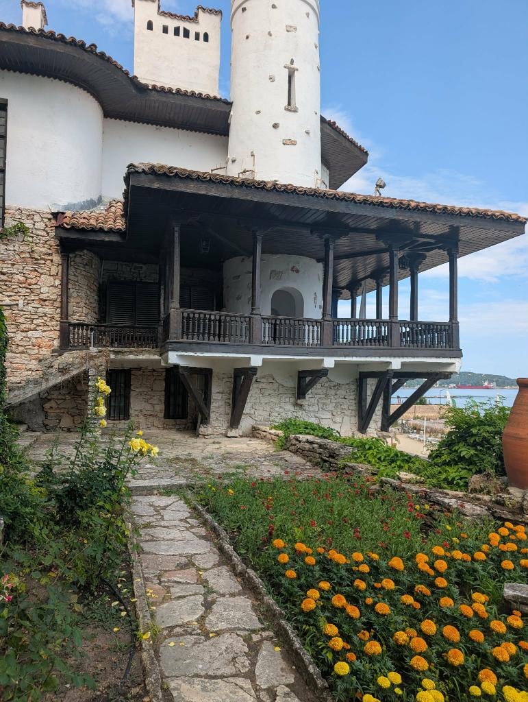 The historic palace at Balchik, with its stone-paved garden and marigolds in full bloom.
