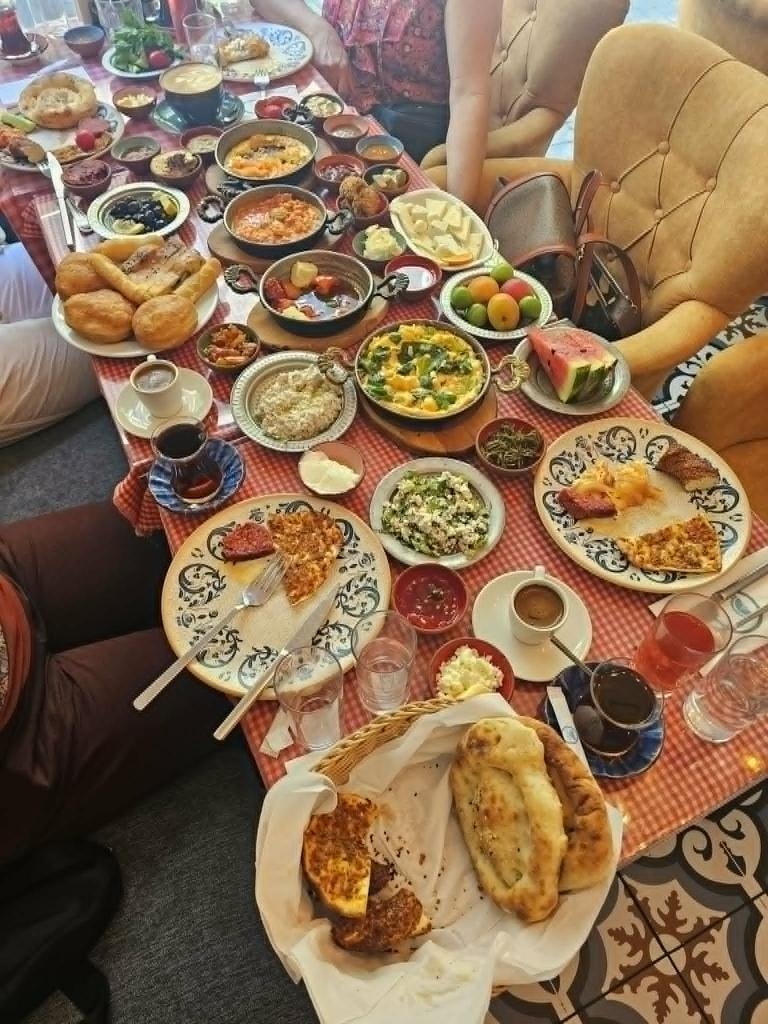 A traditional Turkish breakfast spread for three.
